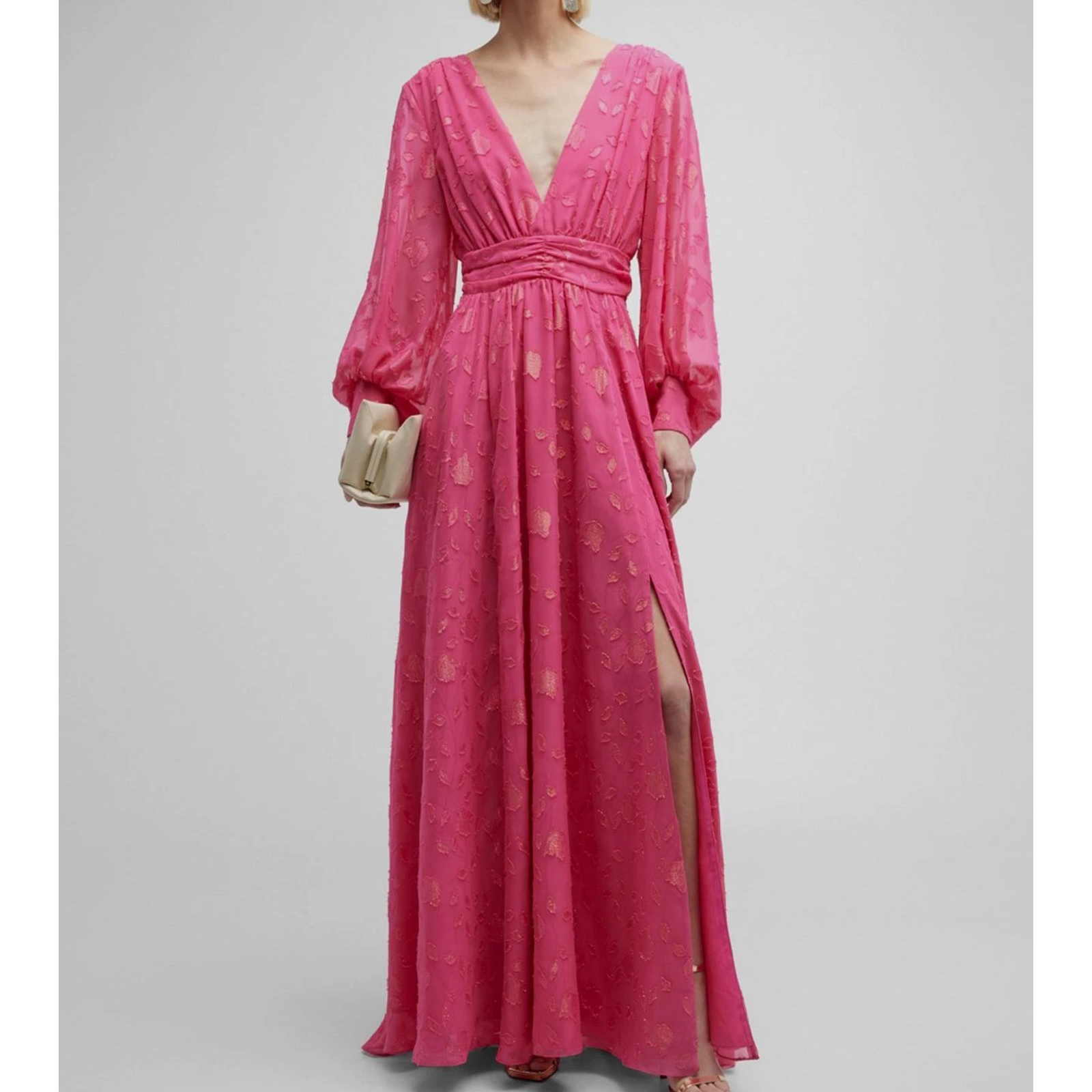 One33 Social Kathy Floral Burnout Deep V-Neck Balloon-Sleeve Maxi Gown Pink 8